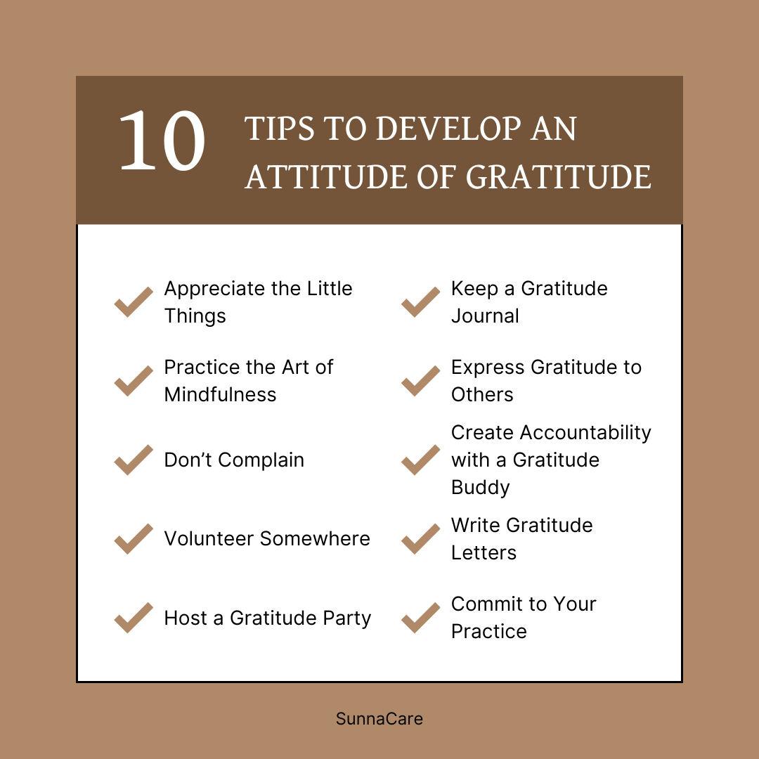 An infographic of the top ten tips to develop an attitude of gratitude