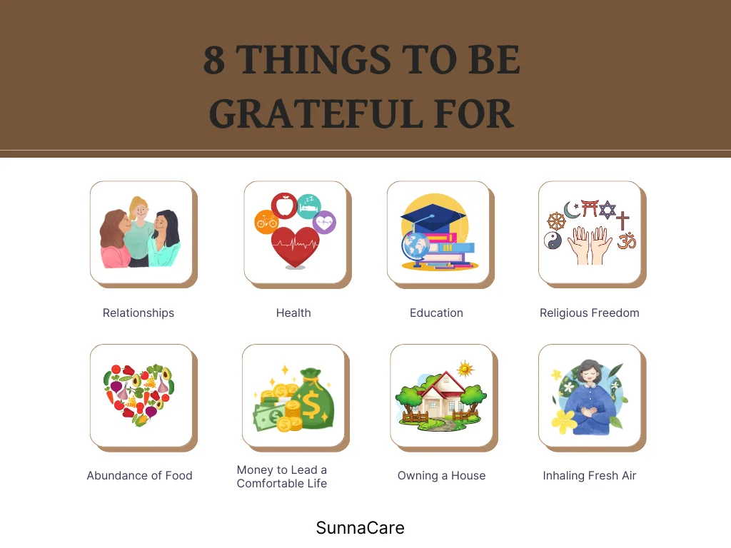 An infographic explaining the eight list of things to be grateful for